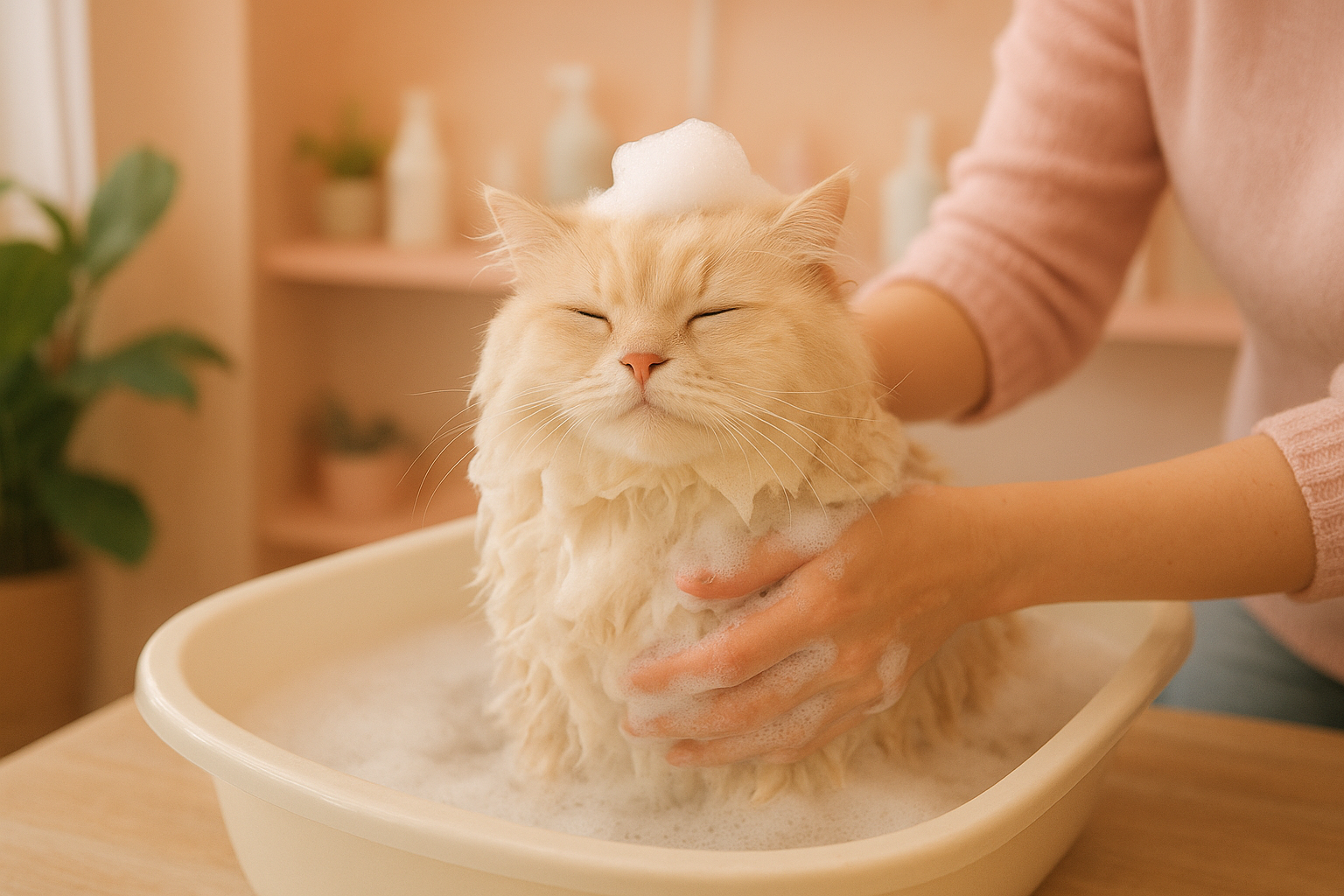 Katze wird liebevoll im Salon Die Kleinen Pfoten gepflegt